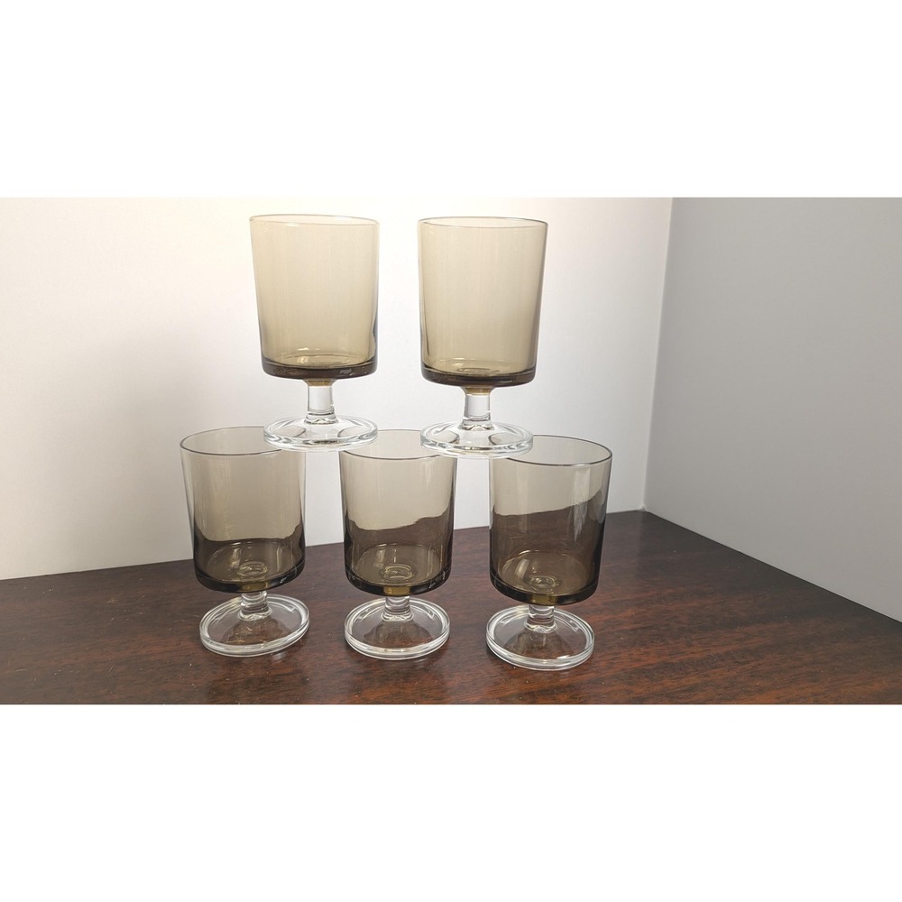 Vintage Smoked Brown Wine‎ Glasses Set of 5 French Mid Century Barware Goblets - Picture 2 of 7